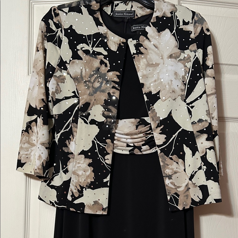 Jessica Howard 6P Black Dress & Neutral Floral Jacket w/Sequins Two-Piece Set - Picture 3 of 7